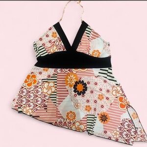 Y2k vintage Floral Patchwork Halter Tank Top with open back and adjustable